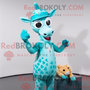 Cyan Giraffe maskot drakt...
