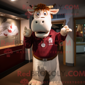 Maroon Guernsey Cow maskot...