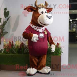 Maroon Guernsey Cow maskot...