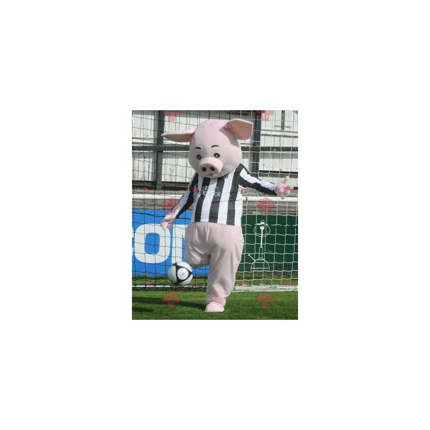 Pink pig mascot with a black and white jersey - Redbrokoly.com