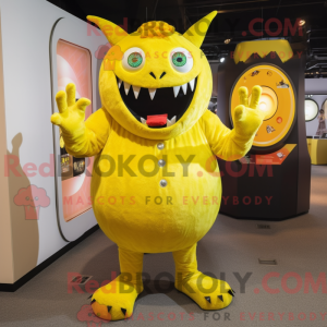 Geel demon-mascottekostuum...