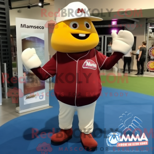 Maroon Mango mascot costume...