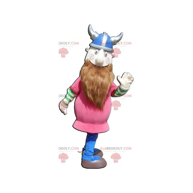 Bearded Viking maskot kledd i rosa med hjelm - Redbrokoly.com