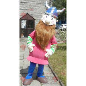 Bearded Viking maskot kledd i rosa med hjelm - Redbrokoly.com