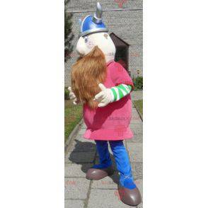 Bearded Viking maskot kledd i rosa med hjelm - Redbrokoly.com