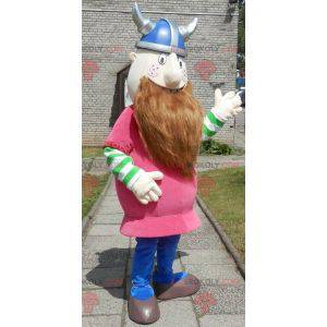 Bearded Viking maskot kledd i rosa med hjelm - Redbrokoly.com
