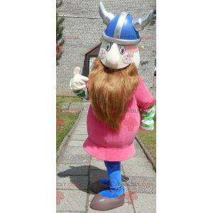 Bearded Viking maskot kledd i rosa med hjelm - Redbrokoly.com
