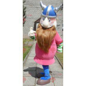 Bearded Viking maskot kledd i rosa med hjelm - Redbrokoly.com