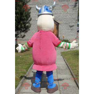 Bearded Viking maskot kledd i rosa med hjelm - Redbrokoly.com