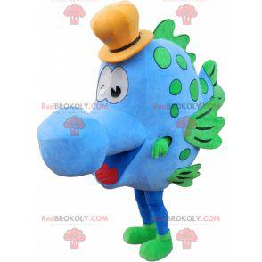 Mascotte de poisson bleu et vert avec un chapeau -