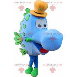 Mascotte de poisson bleu et vert avec un chapeau -