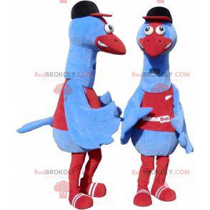Reusachtige blauwe en rode vogelmascotte. Struisvogel mascotte