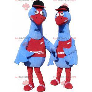 Reusachtige blauwe en rode vogelmascotte. Struisvogel mascotte