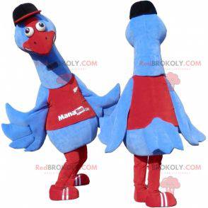 Reusachtige blauwe en rode vogelmascotte. Struisvogel mascotte