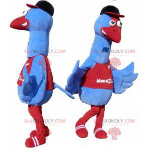 Reusachtige blauwe en rode vogelmascotte. Struisvogel mascotte