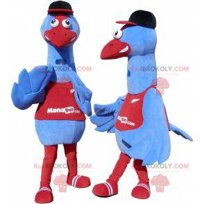 Reusachtige blauwe en rode vogelmascotte. Struisvogel mascotte
