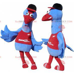 Reusachtige blauwe en rode vogelmascotte. Struisvogel mascotte