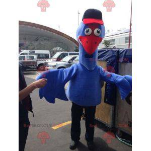 Reusachtige blauwe en rode vogelmascotte. Struisvogel mascotte