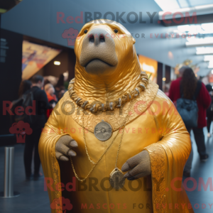 Guld Hvalros maskot kostume...
