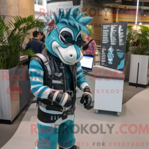 Teal Zebra mascot costume...