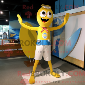 Gul akrobatmaskotdraktfigur...