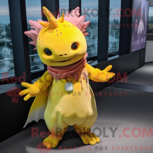 Gul Axolotls maskot kostume...