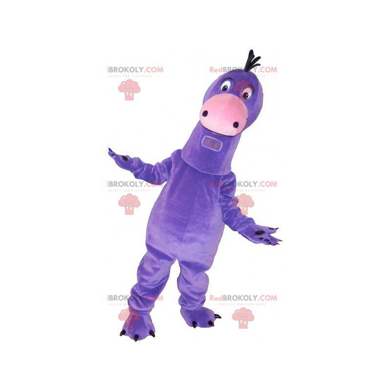Mascote dinossauro roxo com um chapéu e gravata