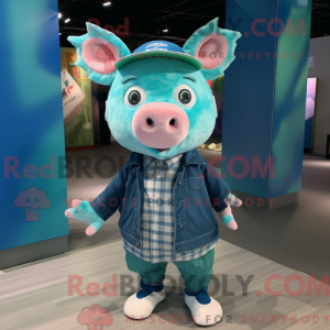 Teal Pig mascot costume...