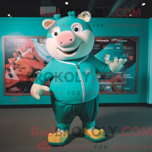 Teal Pig maskot kostume...