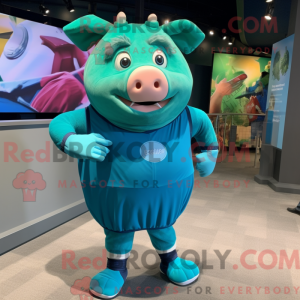 Teal Pig maskot kostume...