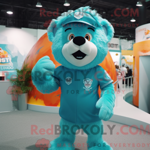 Teal Lion mascot costume...