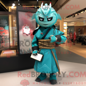 Teal Samurai mascot costume...