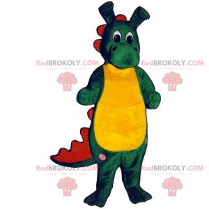 Mascote dinossauro verde e amarelo com orelhas compridas -