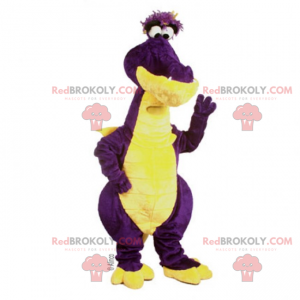 Mascote dinossauro roxo e amarelo com olhos pequenos -