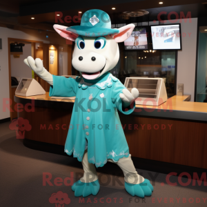 Teal Cow mascot costume...
