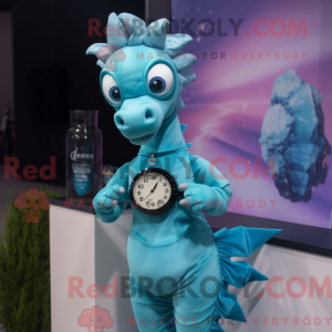 Cyan Seahorse maskot drakt...