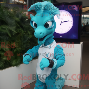 Cyan Seahorse maskot drakt...