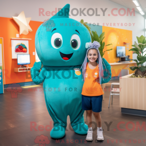 Teal Mango mascot costume...