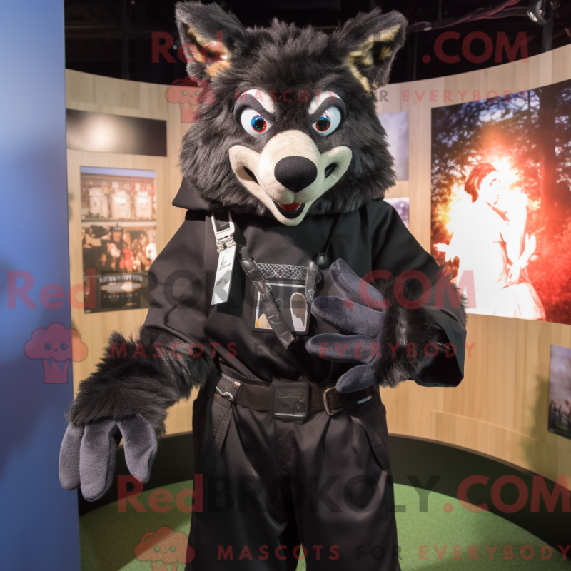 Black Wolf mascot costume character dressed with a Hoodie and Suspenders Mascot Costumes Redbrokoly Sizes L 175 180CM