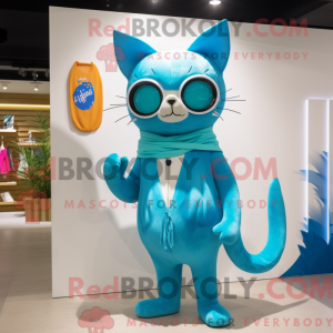 Cyan Cat maskot kostume...