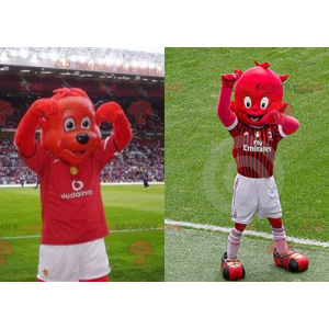 2 mascottes : un ours rouge et un diablotin rouge -