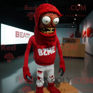 Rød zombie-maskotdraktfigur...