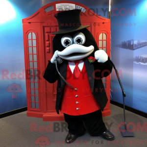 Rød telefonmaskotdraktfigur...