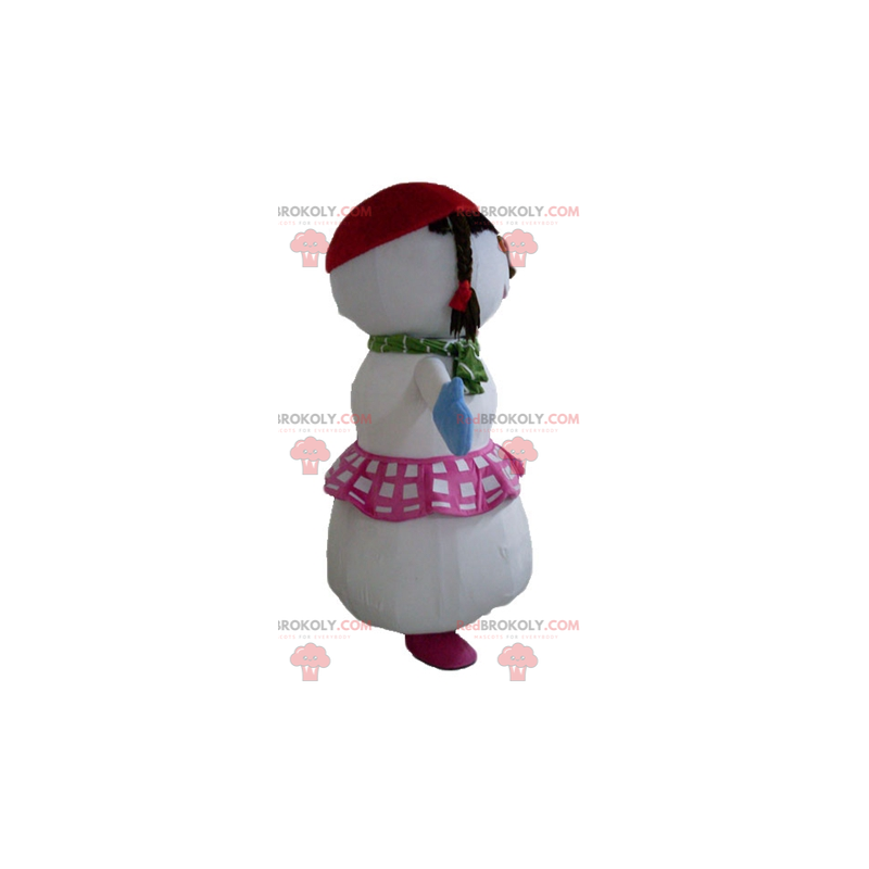 Maskot stor snögubbe med kjol och flätor - Redbrokoly.com