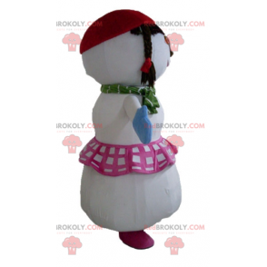 Maskot stor snögubbe med kjol och flätor - Redbrokoly.com
