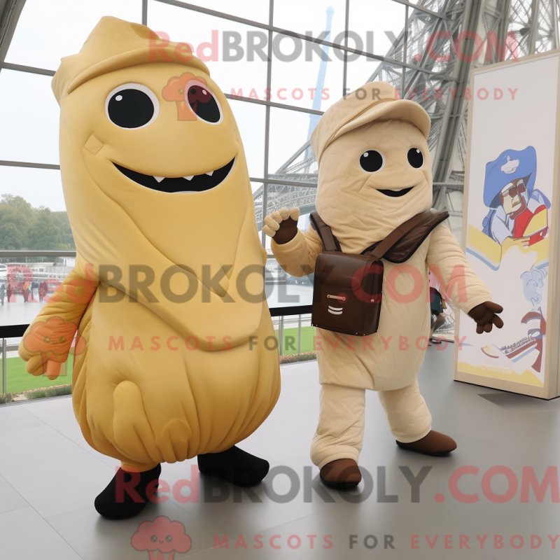 Beige Croissant mascot costume character dressed with a Flare Jeans and ...