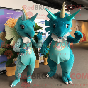 Blågrøn Triceratops maskot...