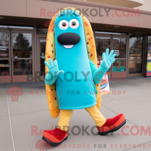 Turquoise Hot Dog mascot...