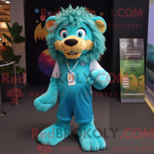 Teal Lion mascot costume...