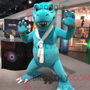 Turquoise T Rex mascot...